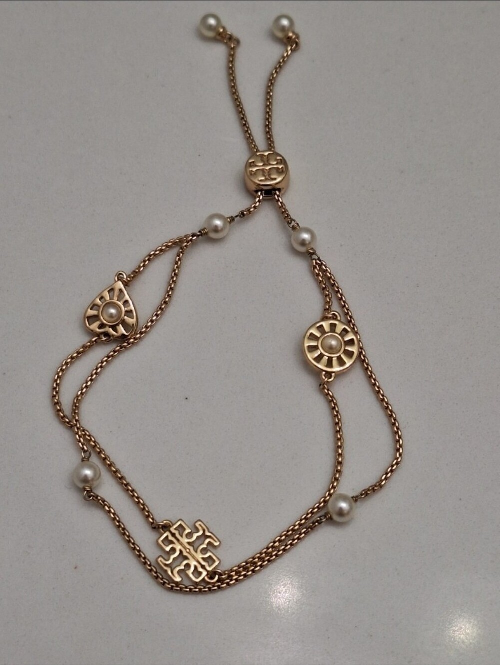 Tory Burch Britten Gold Tone Pearl Double Slider Bracelet NWT Adjustable